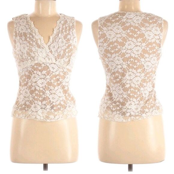 Vtg 80's Nude Netted Cream Lace Overlay Surplice Sleeveless Empire Top Sz M - Picture 1 of 9